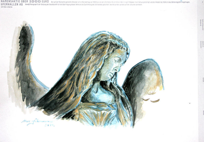 Engel, 2011, Aquarell auf Aktie, 34×48 cm 300g Büttenpapier (im Besitz der Uferhallen AG)