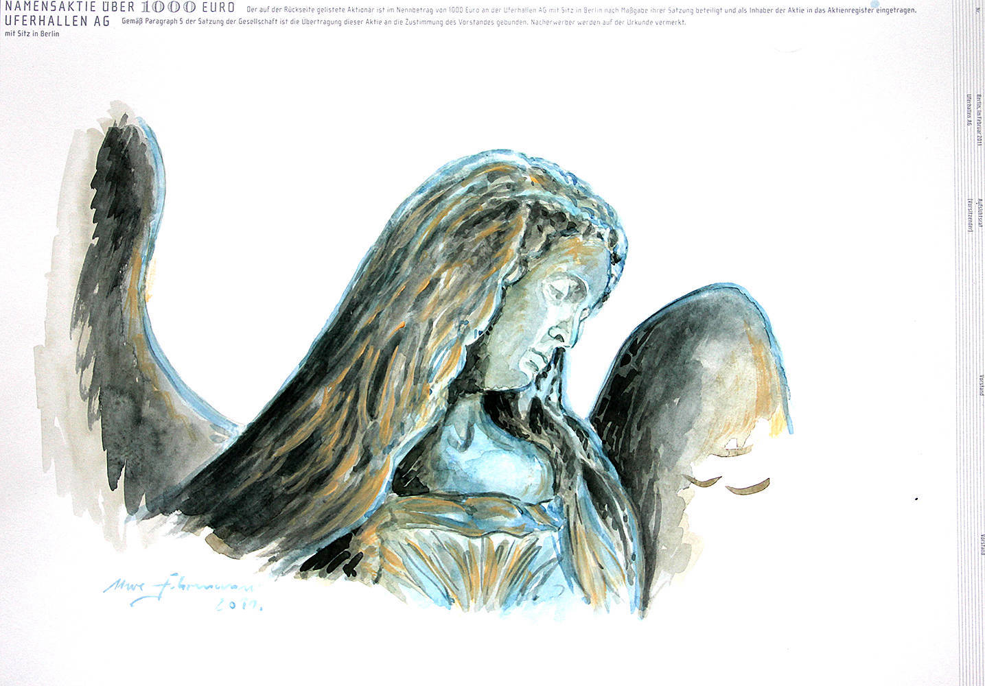 Engel, 2011, Aquarell auf Aktie, 34×48 cm 300g Büttenpapier (im Besitz der Uferhallen AG)