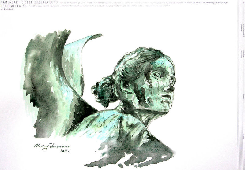 Engel, 2011, Aquarell auf Aktie, 34×48 cm 300g Büttenpapier (im Besitz der Uferhallen AG)