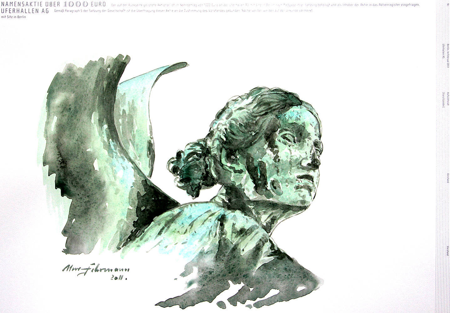 Engel, 2011, Aquarell auf Aktie, 34×48 cm 300g Büttenpapier (im Besitz der Uferhallen AG)