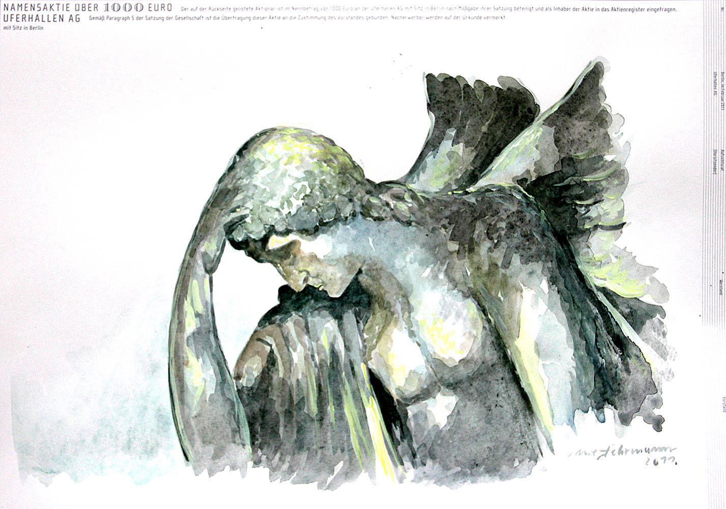 Engel, 2011, Aquarell auf Aktie, 34×48 cm 300g Büttenpapier (im Besitz der Uferhallen AG)