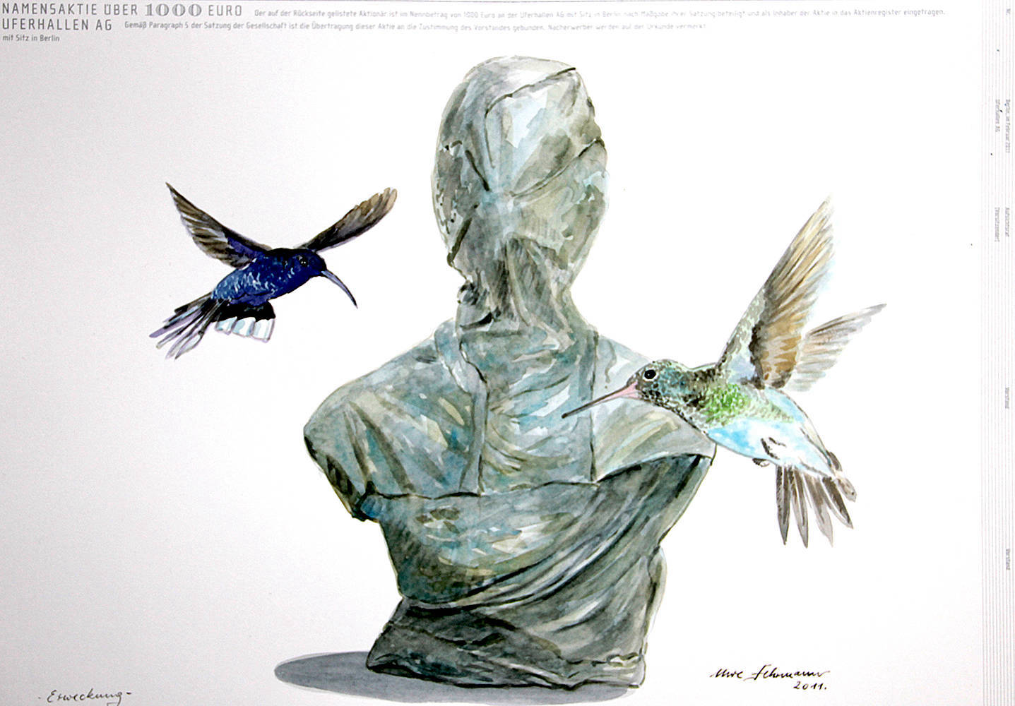 Erweckung, 2011, Aquarell auf Aktie, 34×48 cm 300g Büttenpapier (im Besitz der Uferhallen AG)