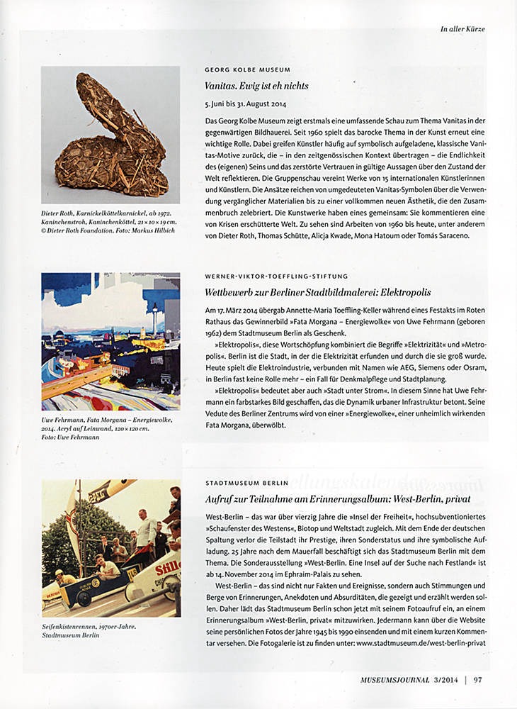 Verleihung des Kunstpreises der Werner-Viktor Toeffling-Stiftung an Uwe Fehrmann im Roten Rathaus Berlin, Eintragung ins Museums-Journal